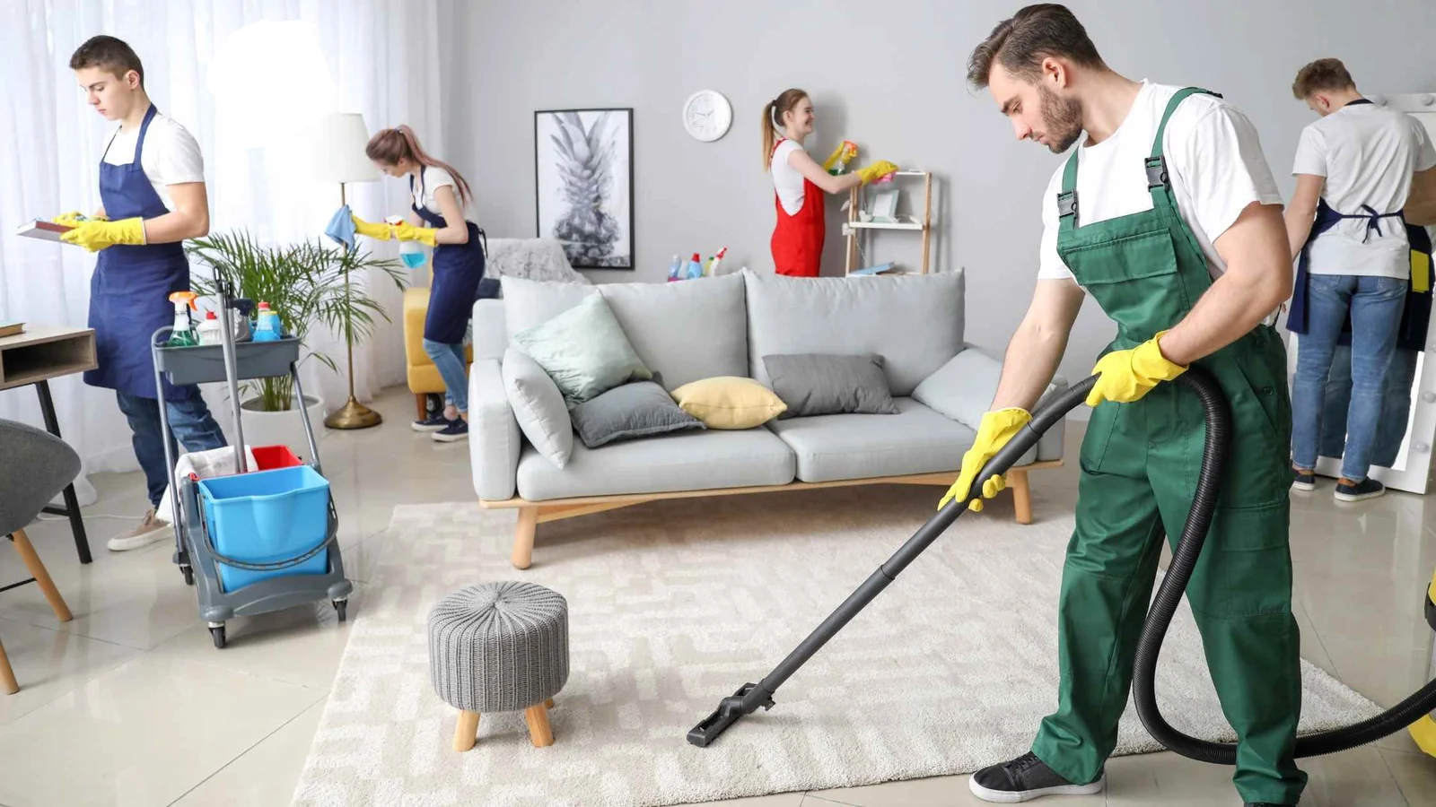 Cleaner using a floor scrubber in a commercial building